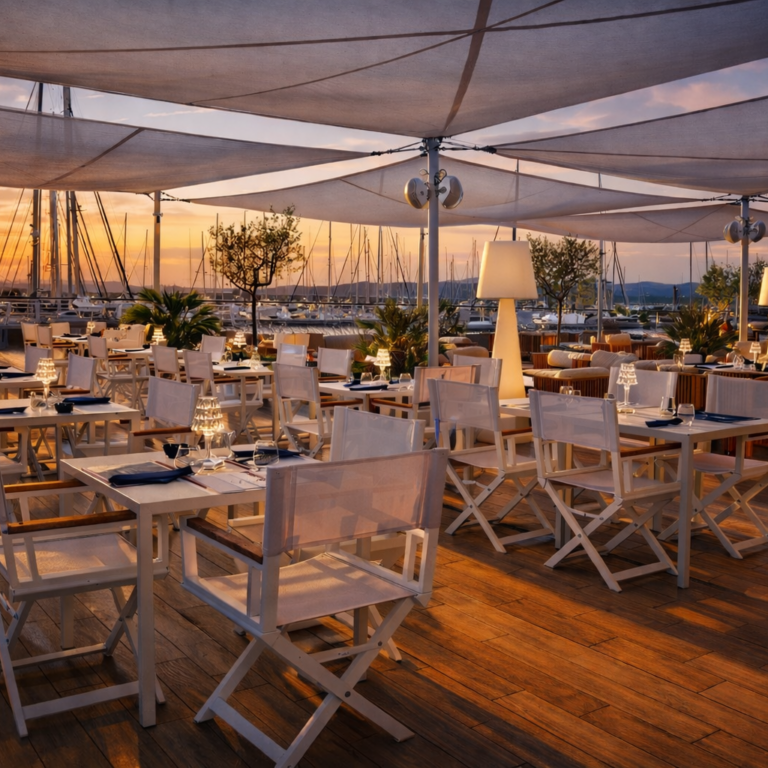 Tavoli apparecchiati con sedie bianche sulla terrazza in legno del Ristorante Inula, illuminata dalla luce dorata del tramonto sul porto.