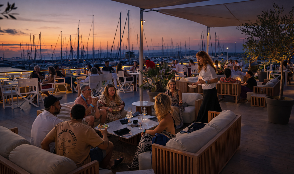 Un gruppo di ospiti conversa piacevolmente su divani lounge in legno durante un aperitivo al tramonto sulla terrazza del Marina Club, con gli yacht ormeggiati sullo sfondo.